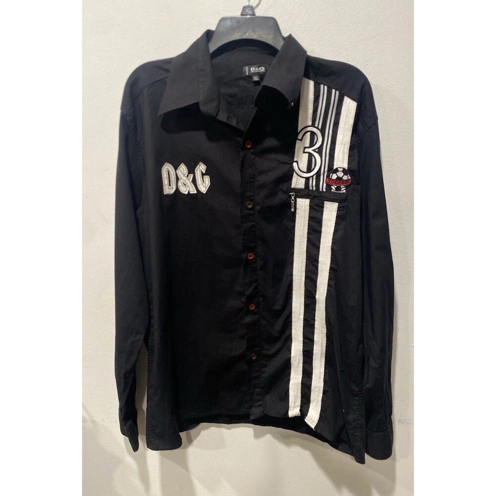 Vtg Dolce & Gabbana black button-up shirt with bold soccer Graphic Design XL